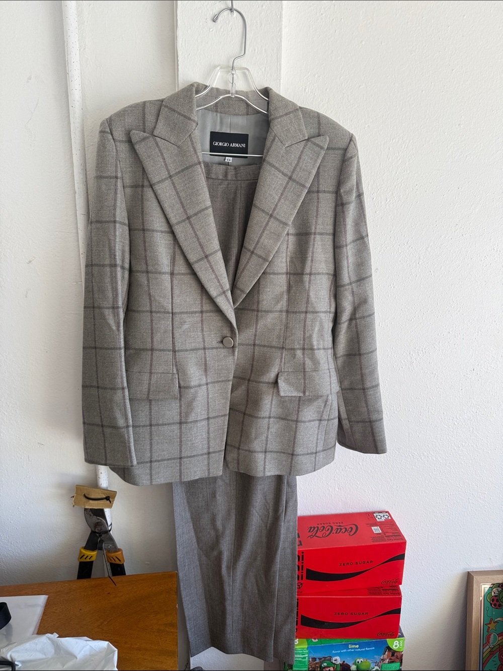Vintage Women’s Giorgio Armani Light Gray Windowpane Wool Suit